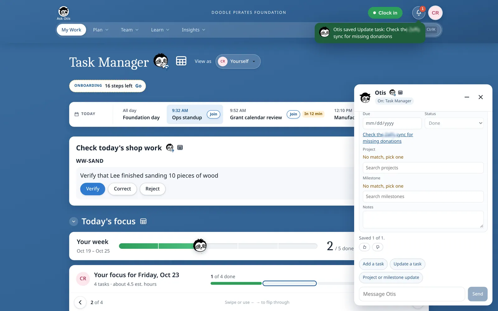 After approval: a green notice says Otis saved the task update, and the panel reads “Saved 1 of 1.” A task name is blurred.