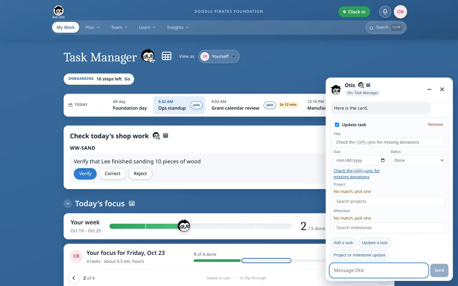 The Ask Otis panel beside the Task Manager, showing an editable “Update task” card with title, due date, status, project and milestone fields. A task name is blurred.