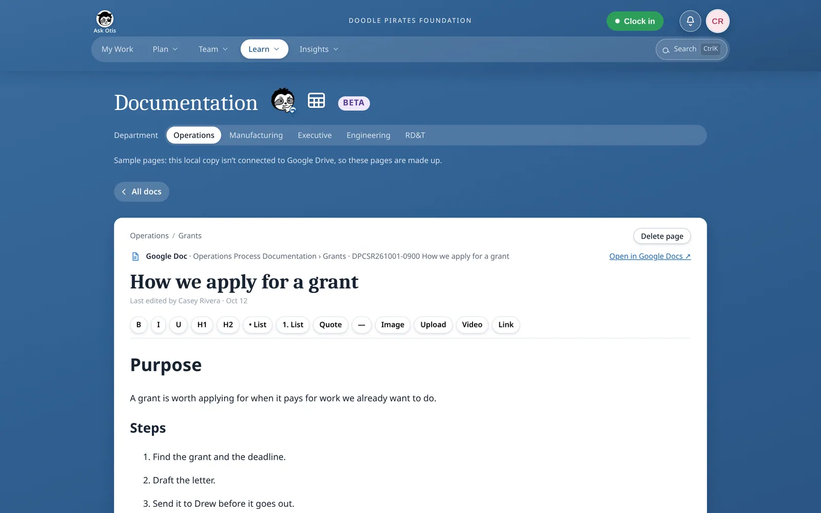Documentation page “How we apply for a grant”, labelled as a Google Doc with an Open in Google Docs link, a formatting toolbar and the page text.