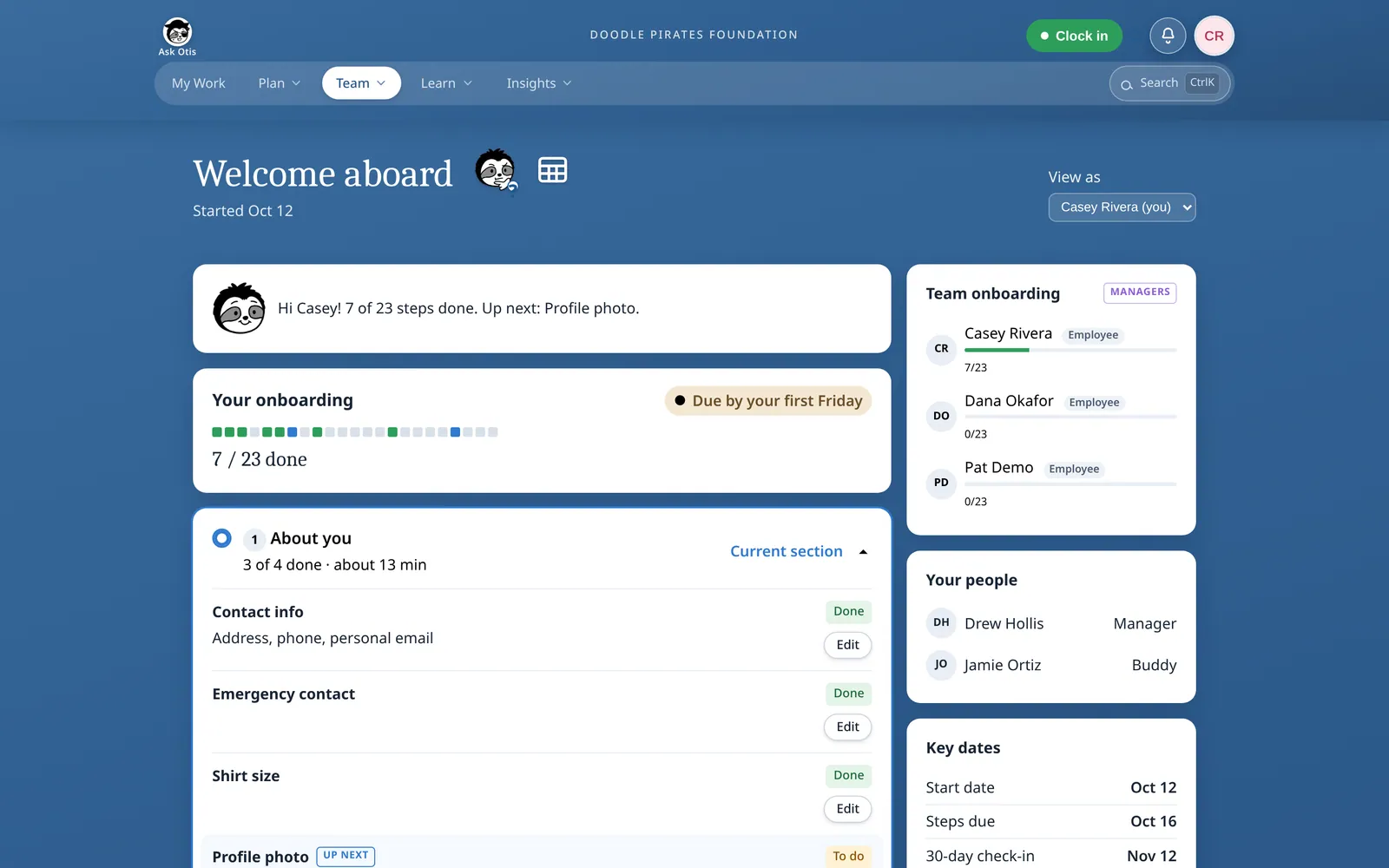 Welcome aboard page: “7 / 23 done” progress, the About you section with contact info, emergency contact and shirt size marked Done, and side panels for team onboarding, your people and key dates.