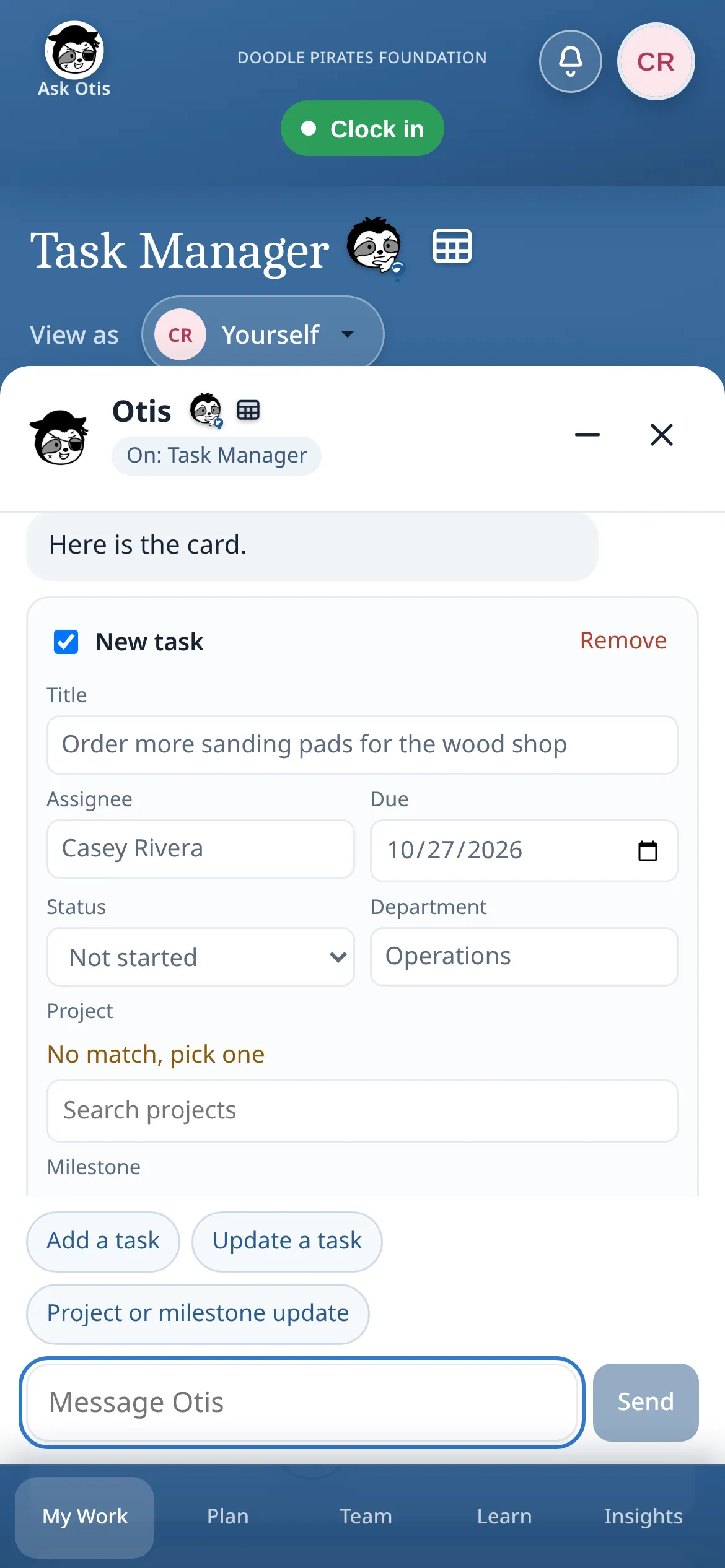 Phone view of an Ask Otis “New task” card: “Order more sanding pads for the wood shop”, with assignee, due date, status and department fields.