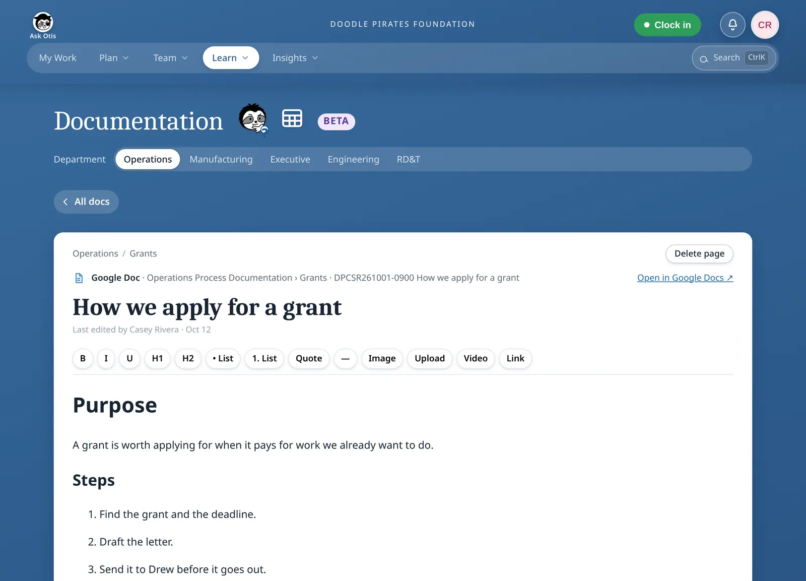 The editor open on the page “How we apply for a grant”: a Google Doc label with its Operations Process Documentation folder path, an Open in Google Docs link, a Delete page button, a formatting toolbar, and the start of the page text with a Purpose heading and numbered steps.