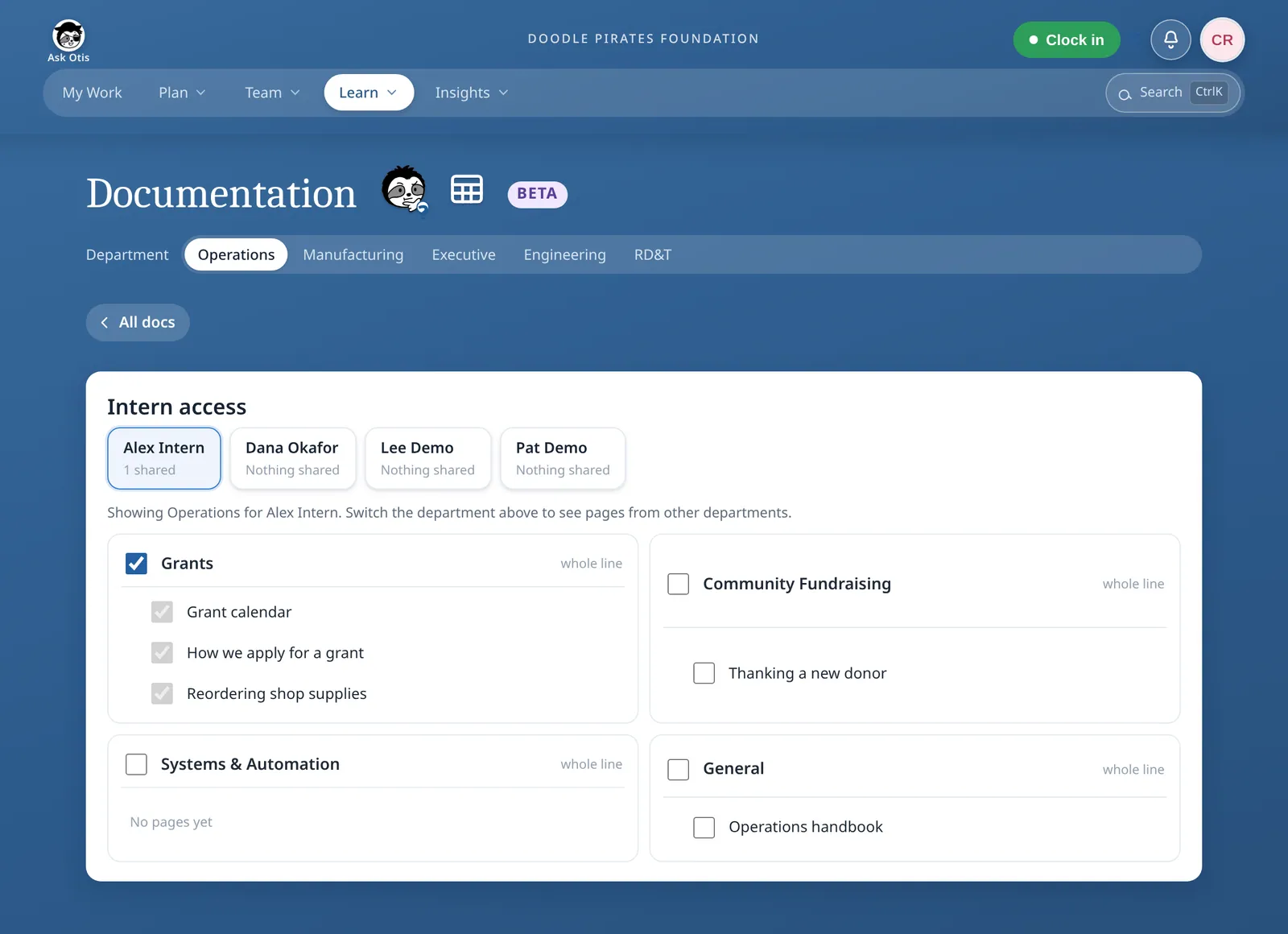 The Intern access panel: four intern tabs and, for the selected intern, checkboxes for the Grants business line with its three pages, Community Fundraising, Systems & Automation and the General folder.