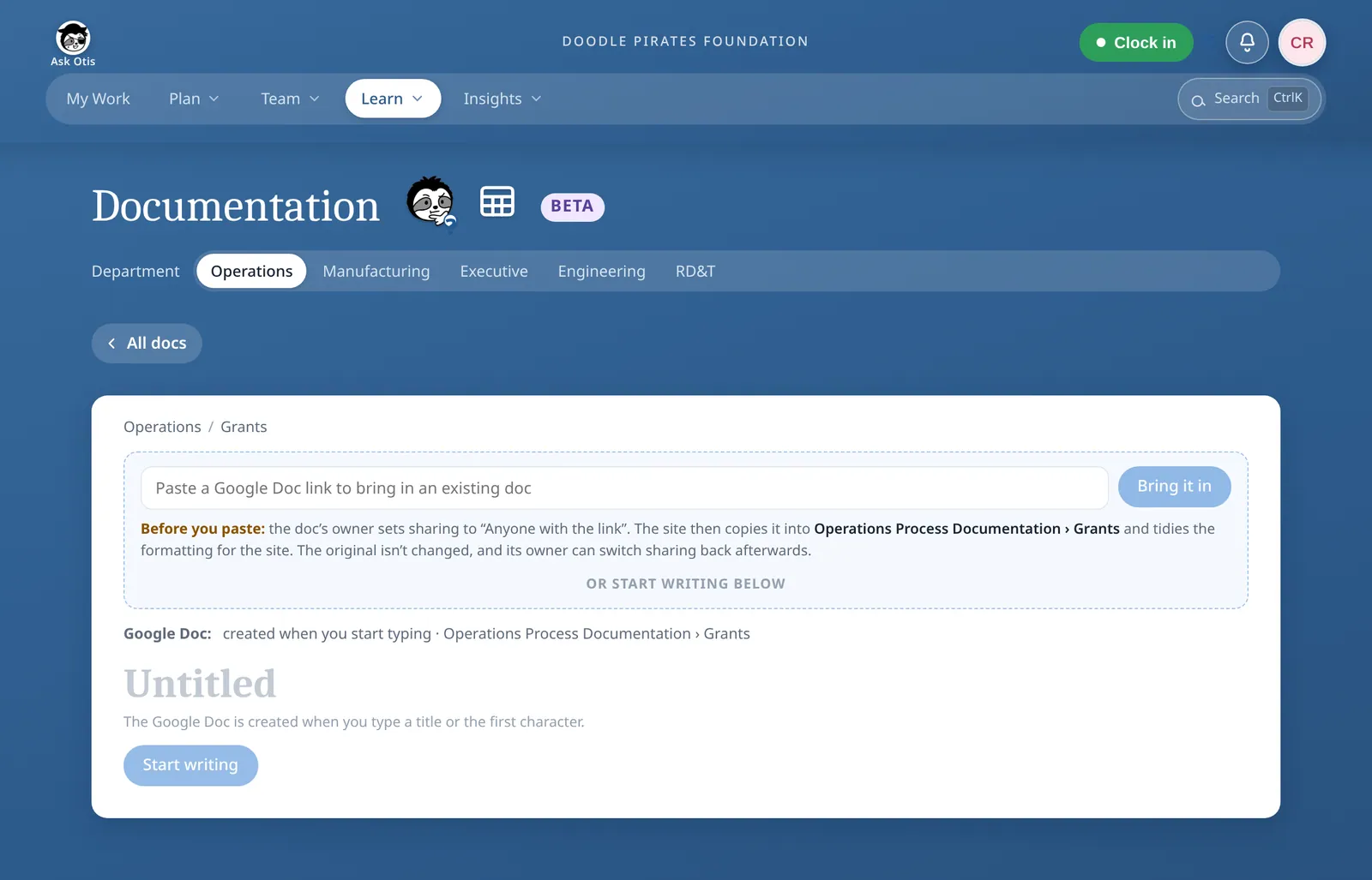 A new page in the Grants group: a box to paste a Google Doc link with a Bring it in button and a note that the original is not changed, an Untitled title field, and a Start writing button.