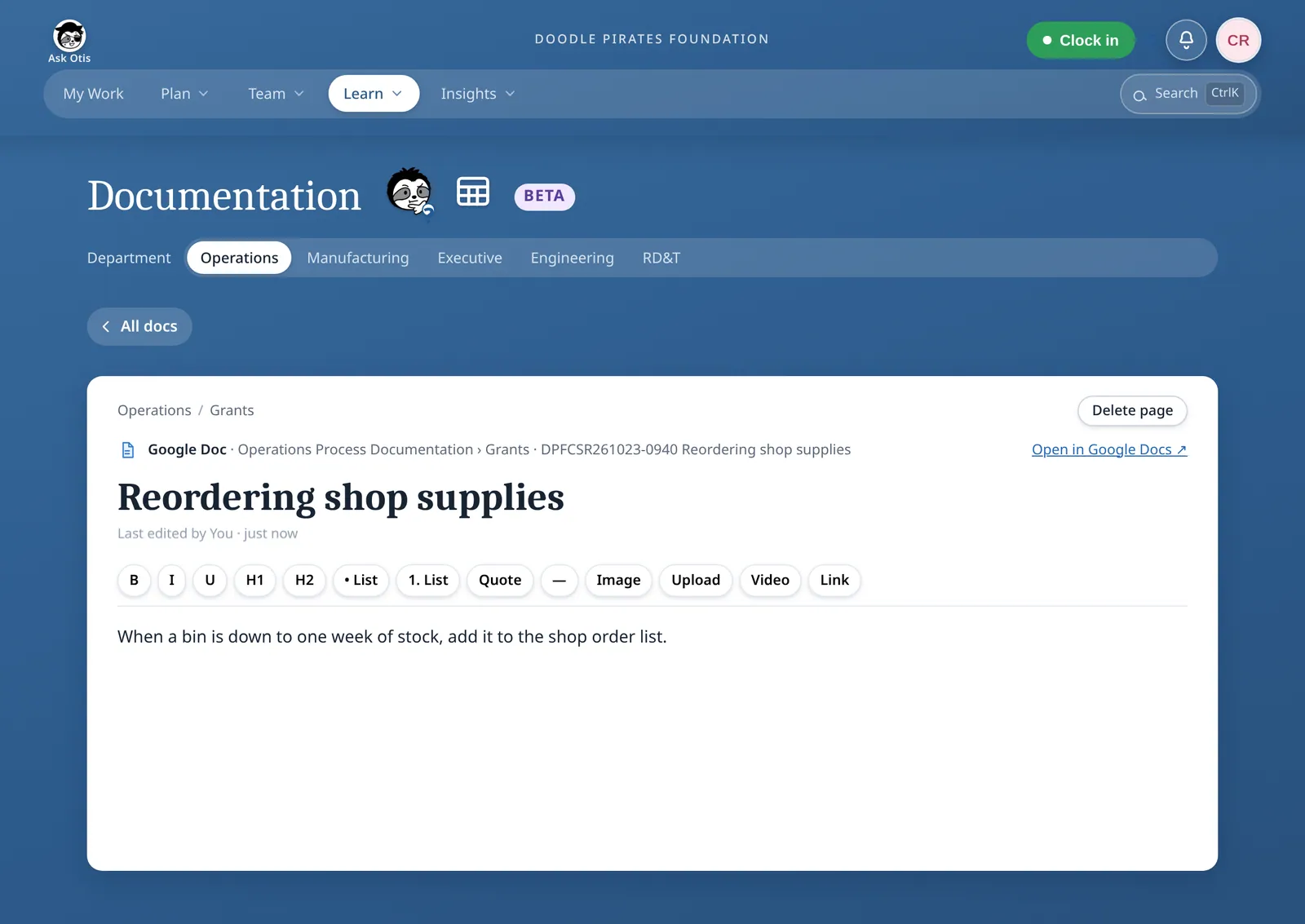The page “Reordering shop supplies” right after creation: a Google Doc line showing the folder path and a file name that begins DPF, the page title, a formatting toolbar and one line of text.