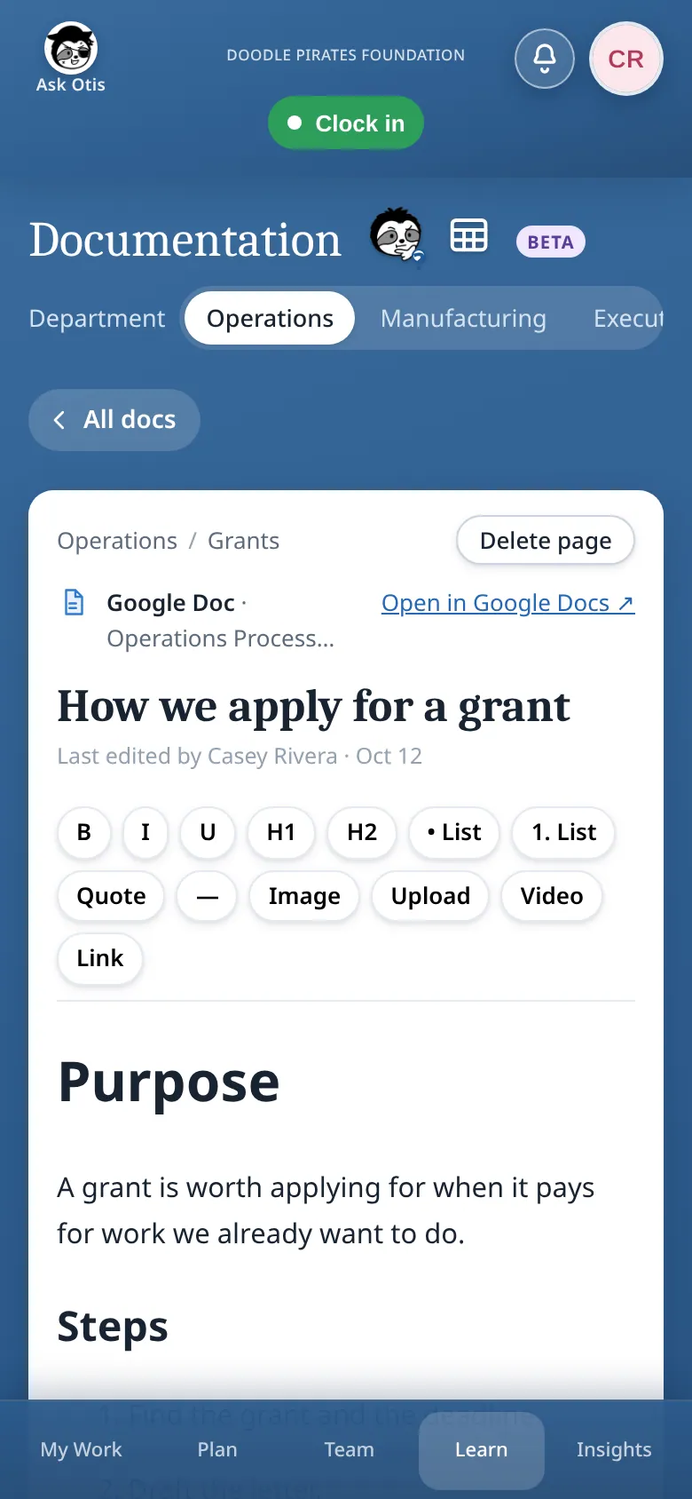 Phone view of the editor on the page “How we apply for a grant”, with the Google Doc label, a wrapped formatting toolbar and the start of the text.