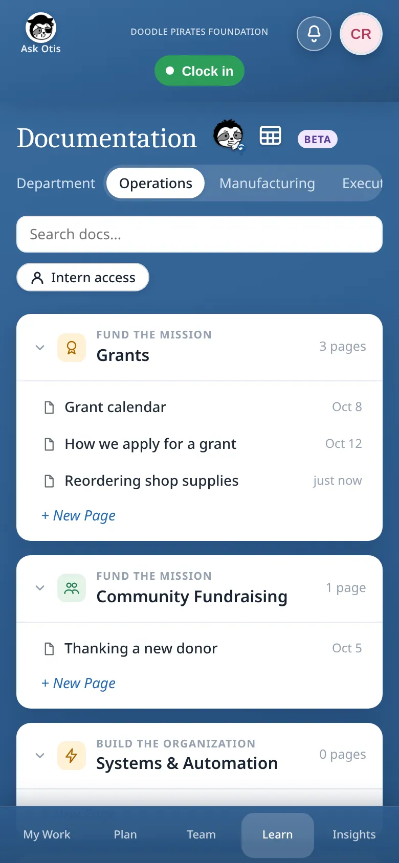 Phone view of the Documentation library: a search box, an Intern access button, and the Grants group with its pages above Community Fundraising.
