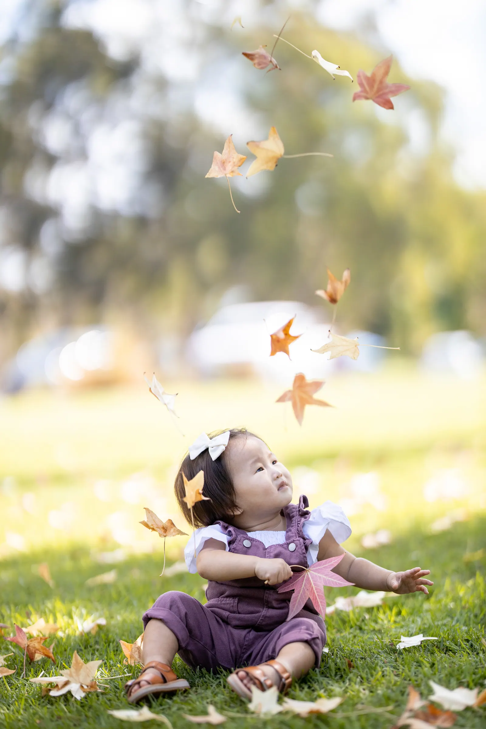 Toddler sitting in the grass as autumn leaves fall around her
