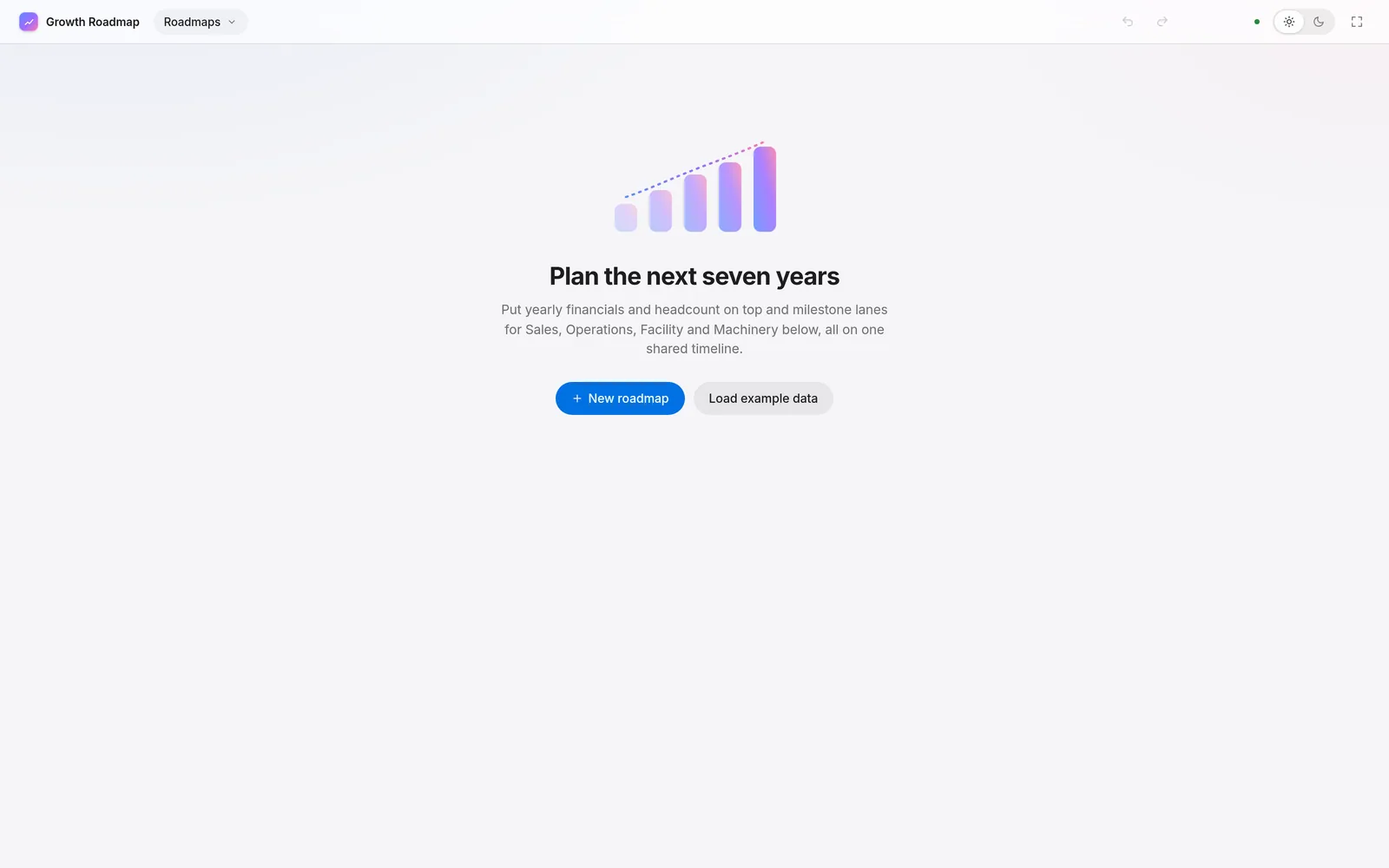 The empty state: a small rising bar graphic, the headline Plan the next seven years, and buttons for a new roadmap or example data.