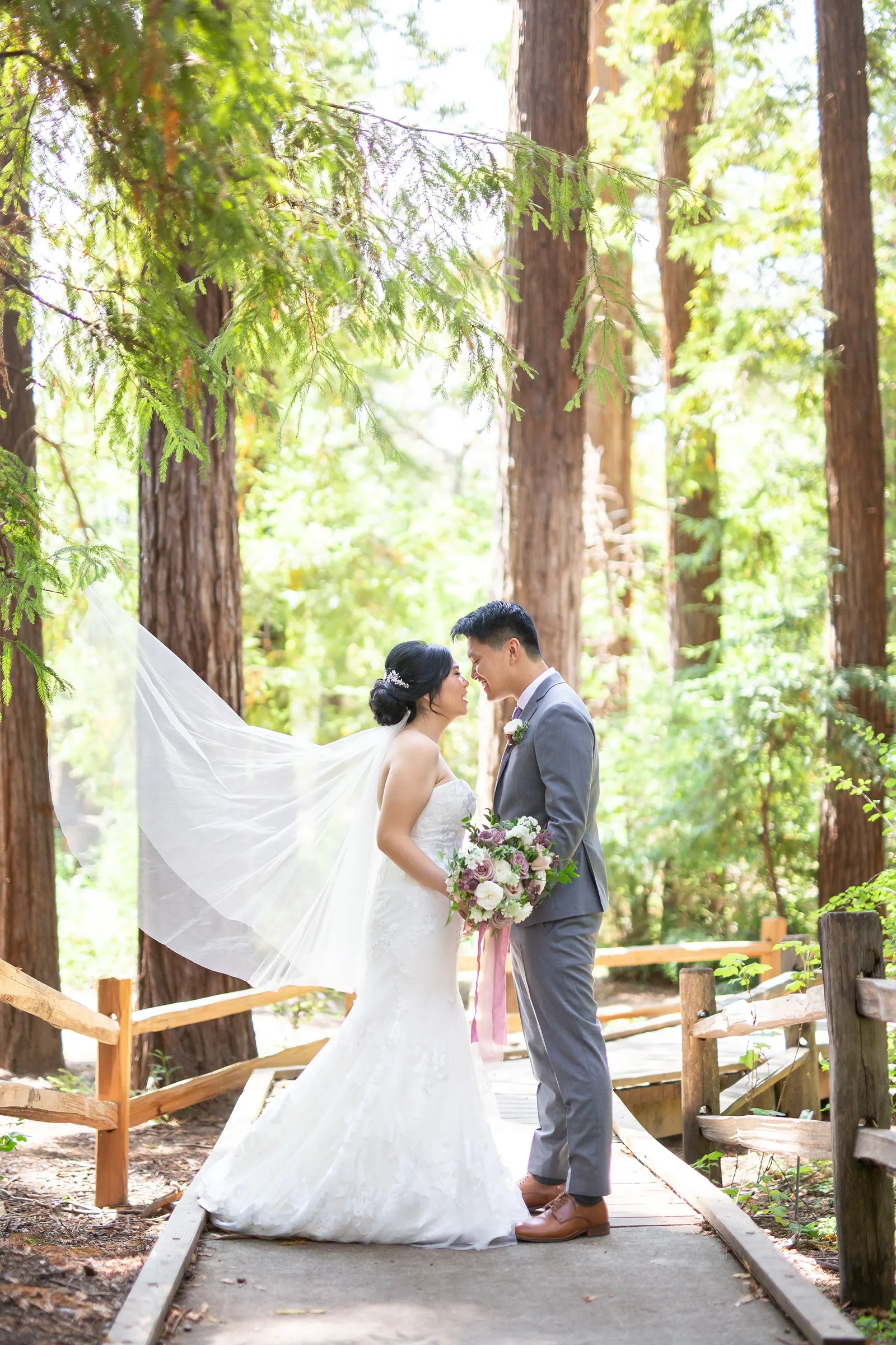Bride and groom on a wooden boardwalk in a redwood forest, veil flowing